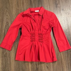 Red New York & Company Women's Work Top Blouse Ruched Gathered Small